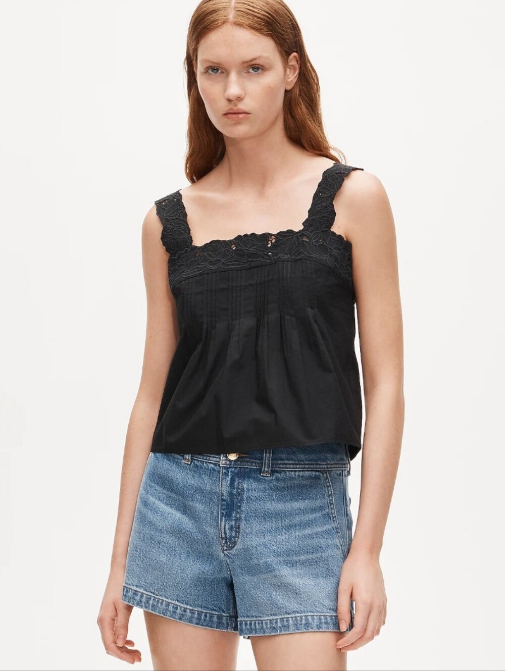 J Crew Lace-trim tank top in compact poplin CV047 New Size XXS Black